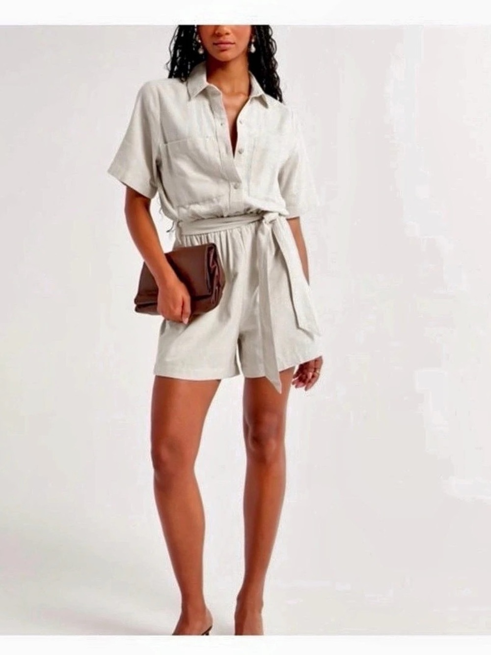 Abercrombie & Fitch Women’s Linen-Blend Tie Waist Romper Cream Size Small